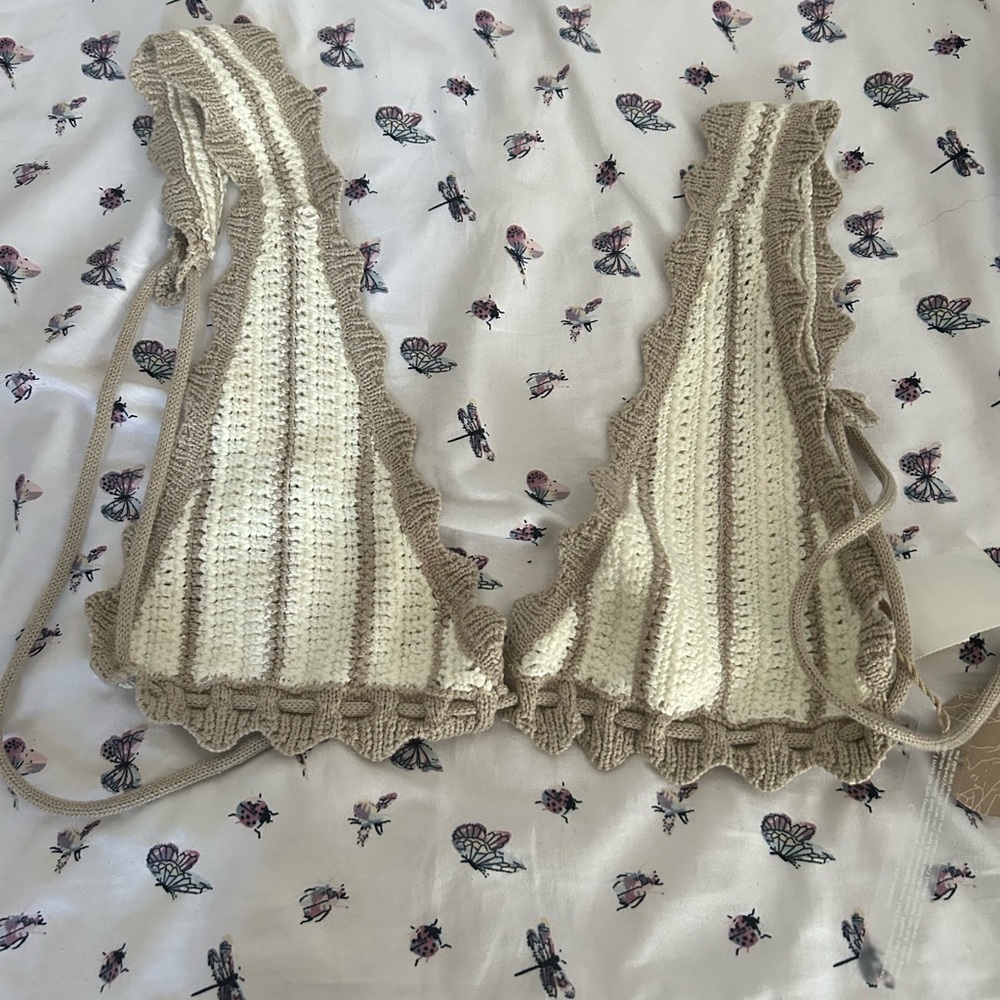 Meshki Crochet Bikini Top and skirt in Cream and Brown